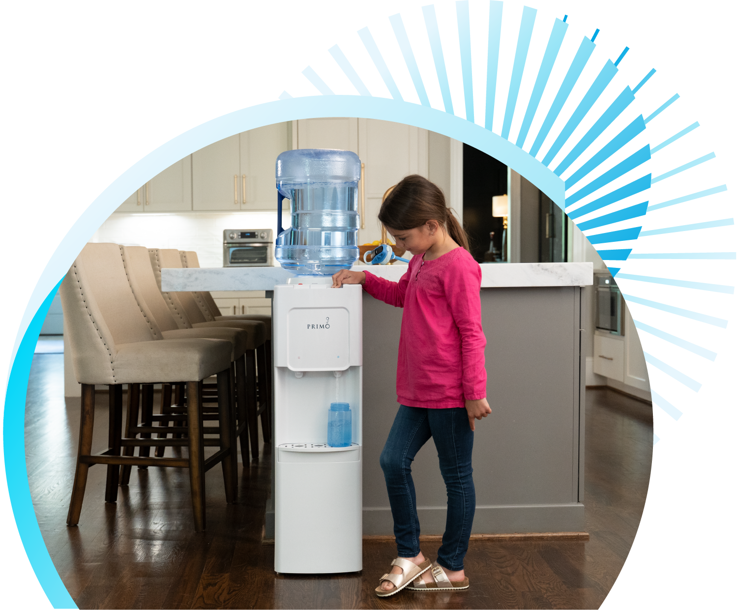 girl filling a water bottle from a Primo dispenser