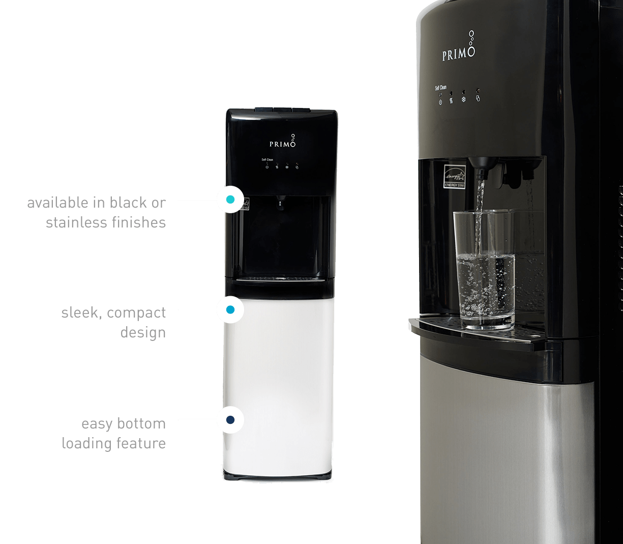 Bottom Loading Water Jug, Bulk Water Bottle Dispensers: Available in black or stainless finishes. Sleek, compact design. Easy bottom loading feature.