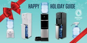 Happy Holiday Guide | lineup of primo dispensers with holiday bows
