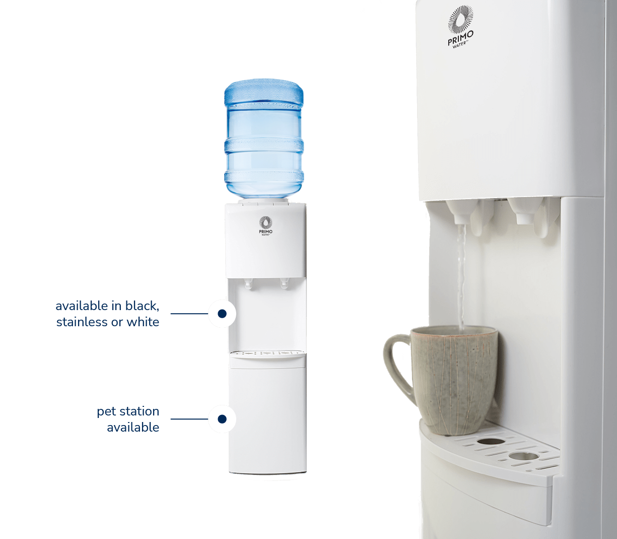 a white top loading water dispenser from two angles
